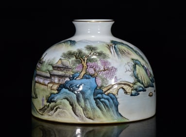 An Exquisite Famille-Rose Painted Gold Landscape Pattern Water Pot,with Poem