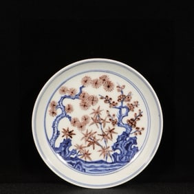 An Exquisite Blue and White Underglaze-Red Pine,Bamboo and Plum Blossom Pattern Plate,with Poem