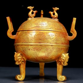 An Exquisite Gilt Bronze Auspicious Beast Pattern Double-Ears and Tripod Censer