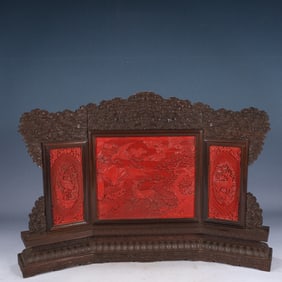 A Huge Zitanwood Inlaid Carved Red Lacquer Crane and Deer Pattern Table Screen