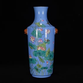 A Rare Enamel Flower and Bird Pattern Beast-Ears Vase,with Poem