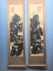 A Pair of Chinese Vertical Scroll Ink Painting of Landscape on Paper