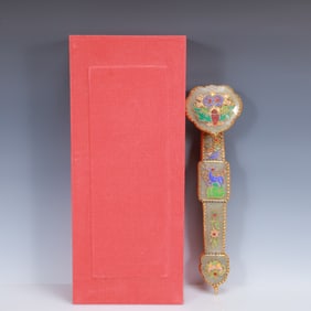 An Exquisite Filigree and Gilding Inlaid Greenish Jade Flower Pattern Ruyi Ornament,Inlaid Gems