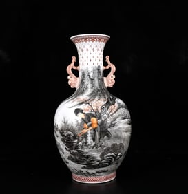 A Rare Ink Color Iron-Red Figure and Story Pattern Double-Ears Vase