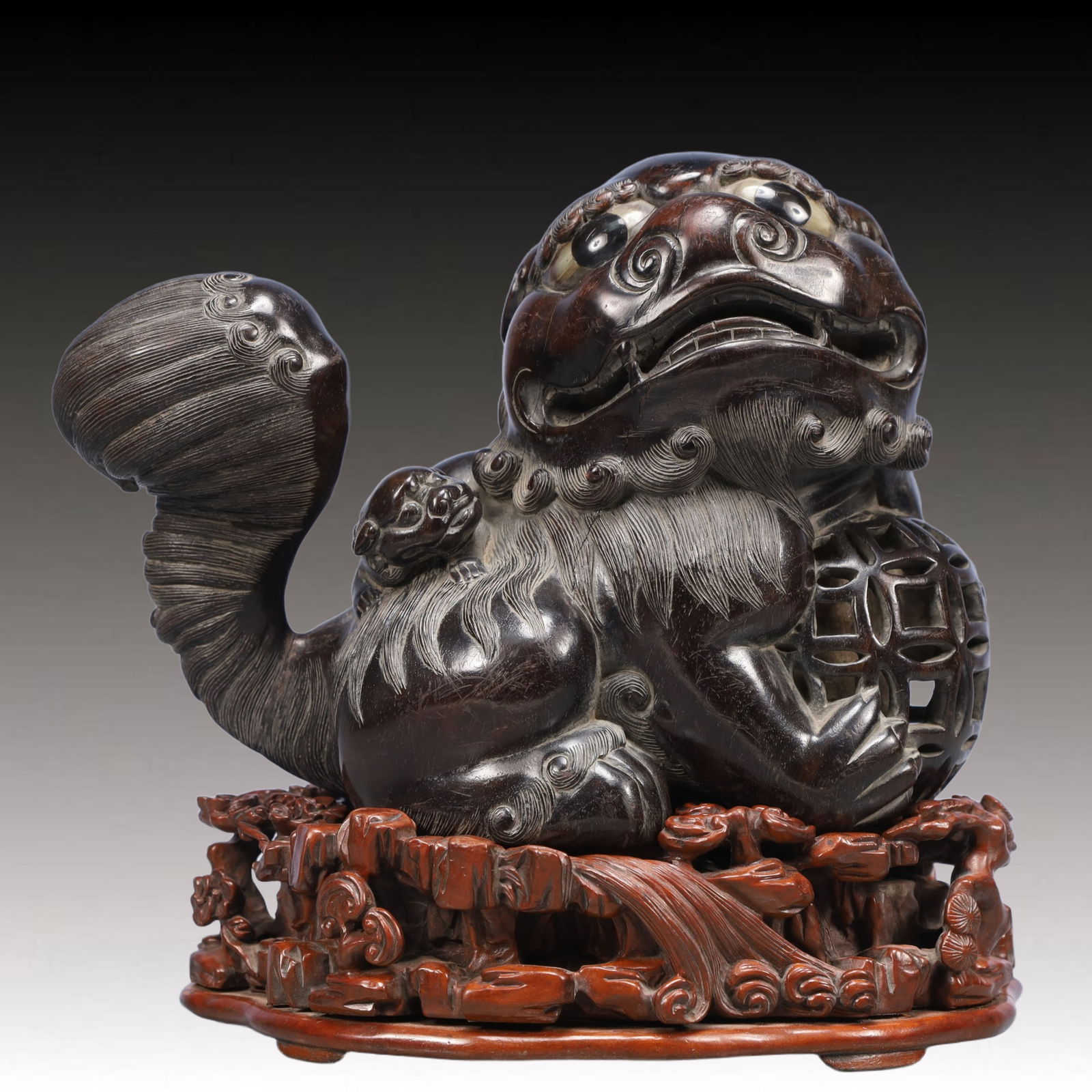 An Exquisite Eaglewood Lion Ornament, with Boxwood Base: An Exquisite Eaglewood Lion Ornament, with Boxwood Base,Qing Dynasty, China,Size:8.7inx6.7inx9.1in,Weight:2750g 沉香木狮子摆件,带黄杨木
