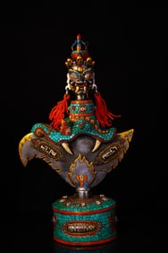 A Rare Bronze Inlaid Dzi Bead and Turquoise Ritual Implement