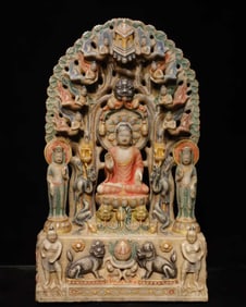 A Solemn Marble Painted Color Hollow Statue of Sakyamuni