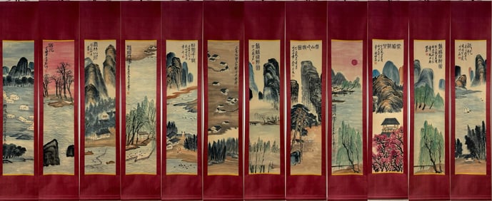 A Set of Chinese Vertical Scroll Ink Painting of Landscape on Paper