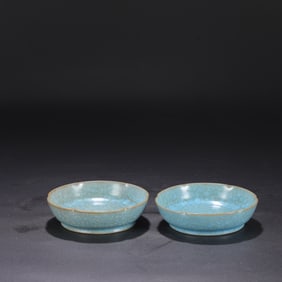 A Pair of Exquisite Ru yao Sky Blue Glazed Brush Washers,with an Imperial Poem by Emperor Qianlong