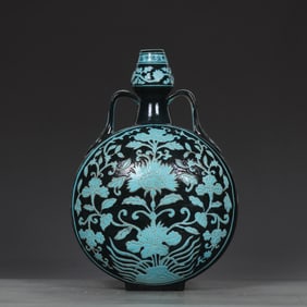 An Exquisite Ink Ground Blue Glazed Flower Pattern Double-Ears Vase