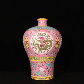 A Rare Enamel Lotus and Dragon Pattern Vase
