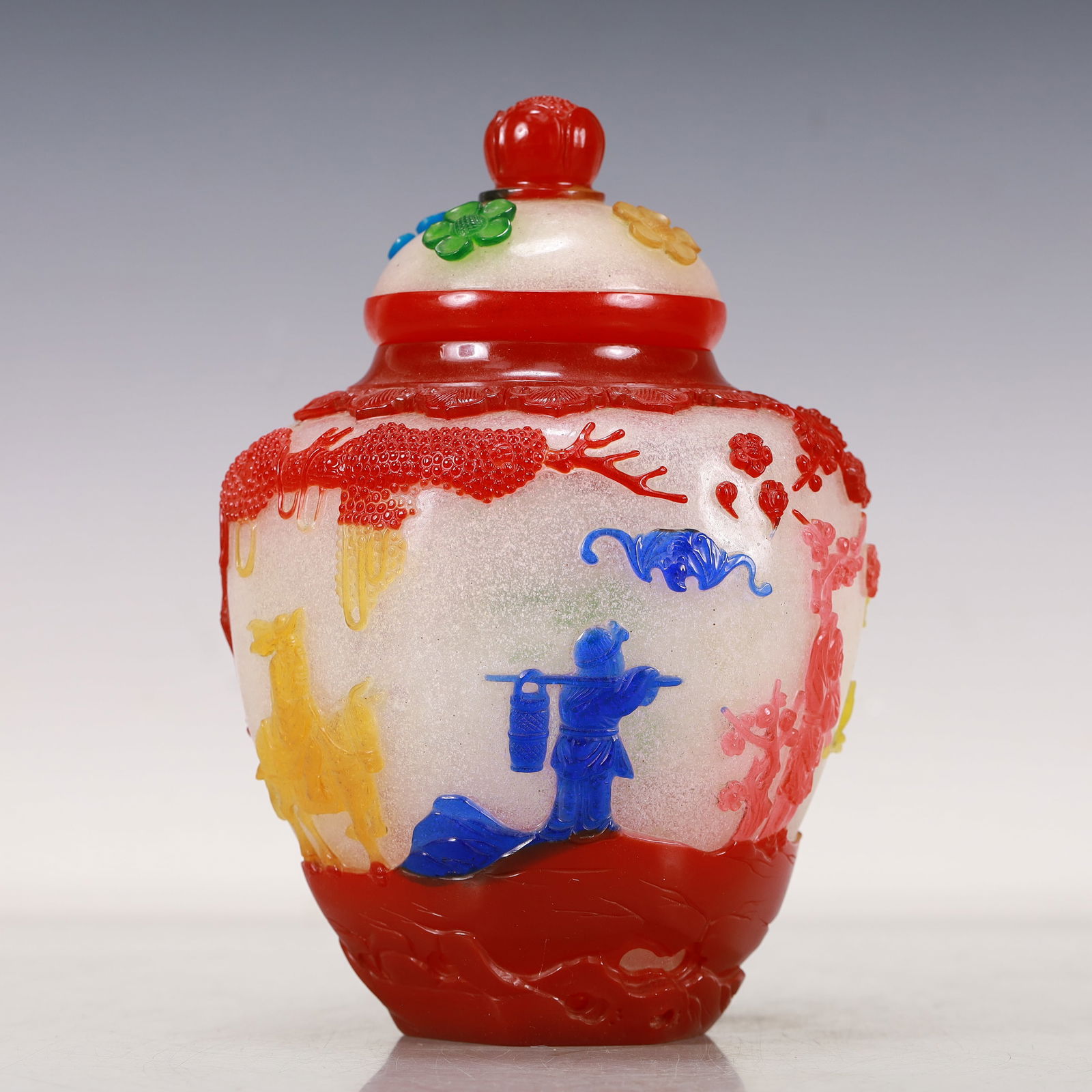 A Multi-Color Overlay White Glass 'Flower, Bird, Figure' Jar And Cover (1 of 11)