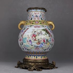 A Huge Famille-Rose Figure and Story Pattern Inlaid Bronze Elephant-Ears Vase?with Poem