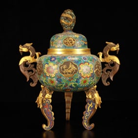 A Rare Cloisonne Flower and Butterfly Pattern Dragon-Ears Tripod Censer