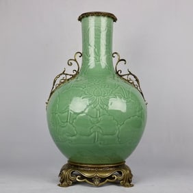 A Huge Shadow Blue Glazed Lotus Pattern Inlaid Bronze Flower Double-Ears Vase