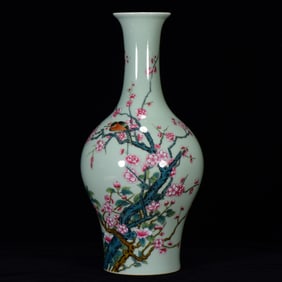 A Rare Celadon Glazed Famille-Rose Flower and Bird Pattern Vase,with Poem