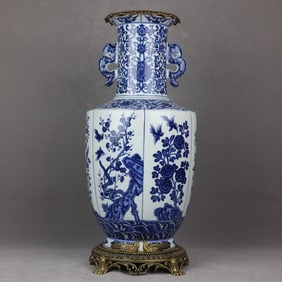 A Huge Blue and White Flower Pattern Inlaid Bronze Double-Ears Vase