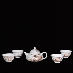A Set of Fine Ink Color Plum Blossom,Orchid,Bamboo and Chrysanthemum Pattern Teawares,with Poem