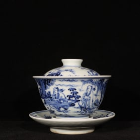 An Exquisite Blue and White Figure and Story Pattern Bowl with Cover,with Plate