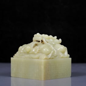 An Exquisite Greenish Jade Dragon Pattern Seal, with poem