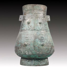 A Precious Bronze Beast-Face Pattern Double-Ears Vase,With Inscription