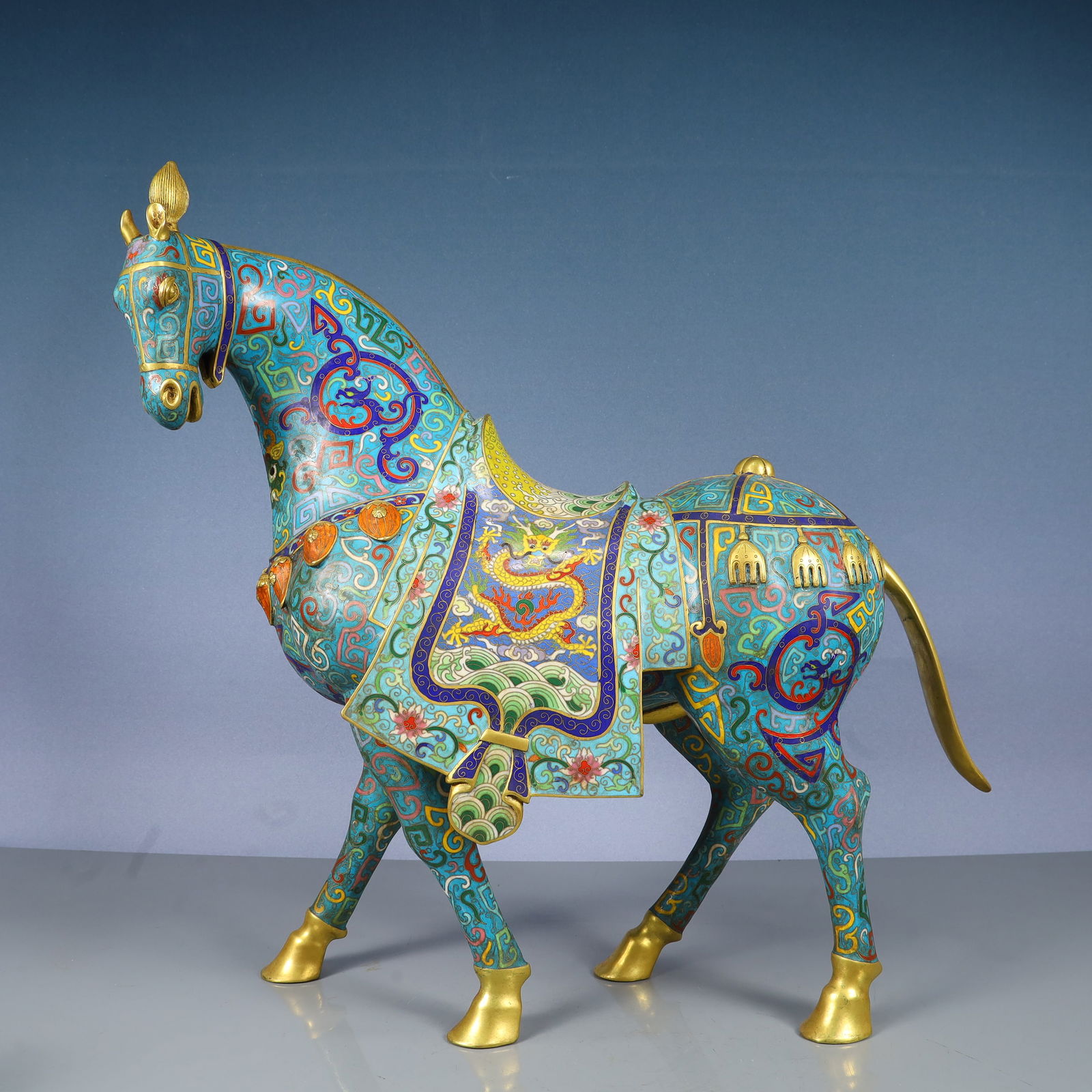 A Huge Cloisonne Seawater,Auspicious Cloud and Dragon Pattern Horse Ornament: A Huge Cloisonne Seawater,Auspicious Cloud and Dragon Pattern Horse Ornament,Qing Dynasty, China,Qianlong Six-character Mark,Size:23.6inx7.1inx20.1in,Weight:13850g 景泰蓝海