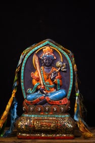 A Rare Meteorite Inlaid Dzi Bead and Turquoise Statue of Manjusri