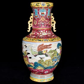 A Huge Enamel Auspicious Cloud and Phoenix Pattern Double-Ears Vase