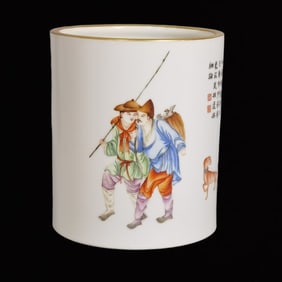 An Exquisite Famille-Rose Figure and Story Pattern Brush Pot,with Poem