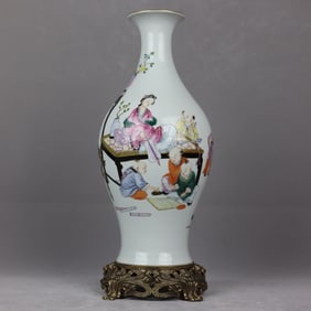 An Exquisite Famille-Rose Figure and Story Pattern Inlaid Bronze Vase,with Poem