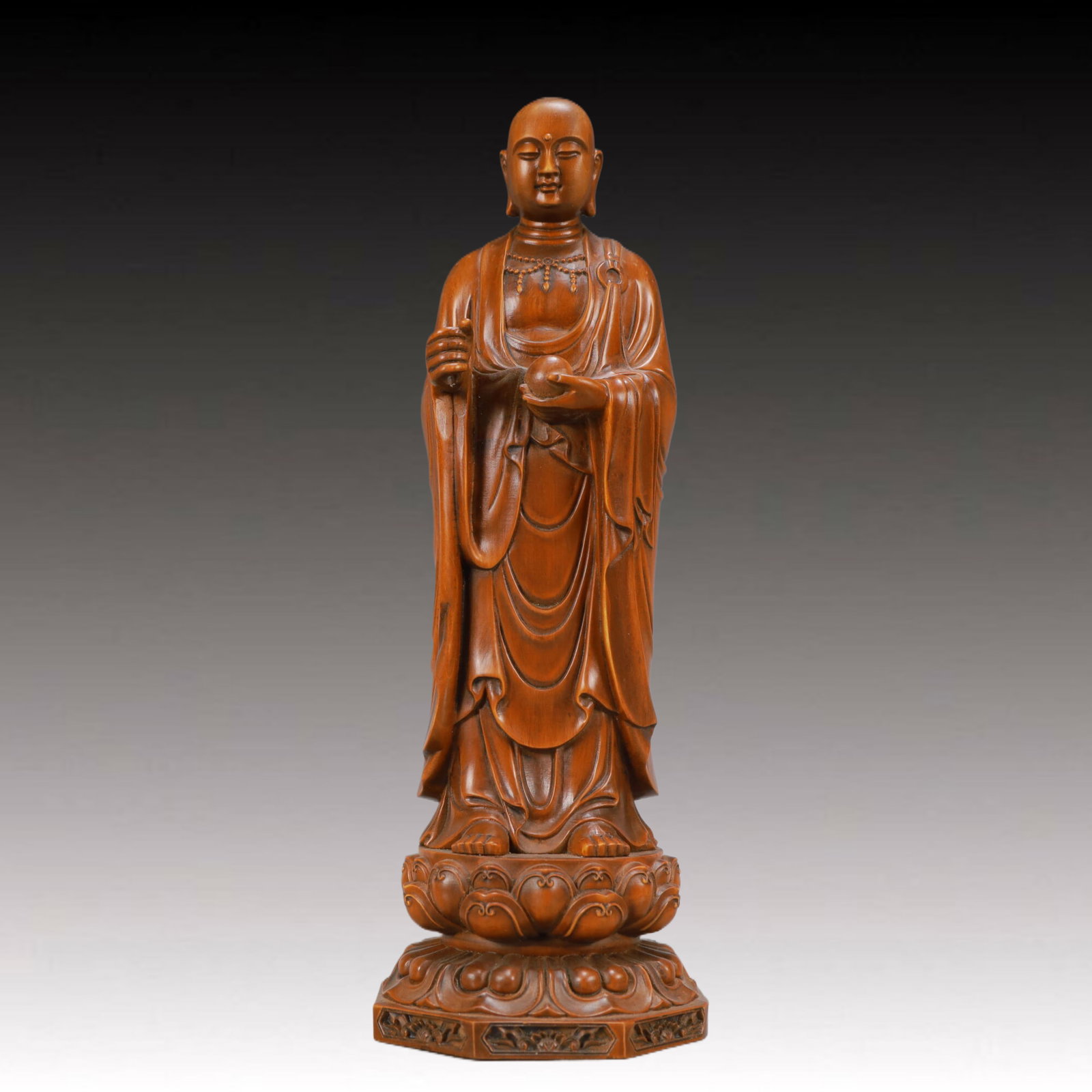 A Rare Boxwood Statue of Kshitigarbha Bodhisattva: A Rare Boxwood Statue of Kshitigarbha Bodhisattva,Qing Dynasty,China,Size:3.5inx3.5inx10.1in,Weight:450g 