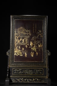 A Huge Carved Lacquer Painted Gold Figure and Story Pattern Table Screen,with Poem