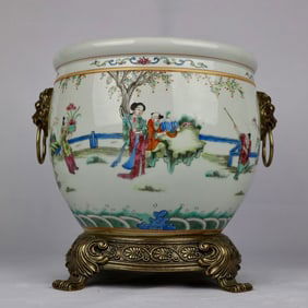 An Exquisite Famille-Rose Figure and Story Pattern Inlaid Bronze Lion-Ears Vat