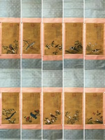 A Set of Chinese Vertical Scroll Ink Painting of Flower and Bird on Silk