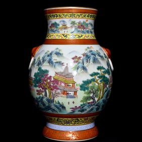 A Rare Famille-Rose Landscape and Figure Pattern Elephant-Ears Vase