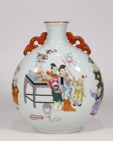 An Exquisite Famille-Rose Figure and Story Pattern Double-Ears Vase,with Poem