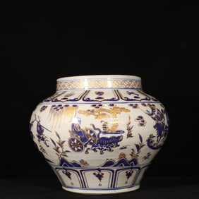 An Exquisite Blue and White Painted Gold Figure and Story Pattern Jar