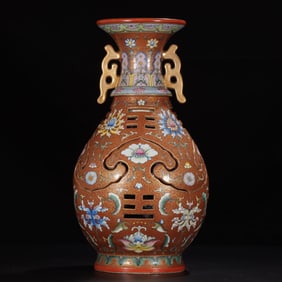 A Huge Famille-Rose Lotus and Trigram Pattern Double-Ears Vase