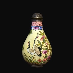 An Exquisite Painted Enamel on Copper Pine and Crane Pattern Snuff Bottle