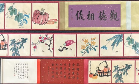 A Chinese Hand Scroll Ink Painting of Vegetables and Fruit on Paper