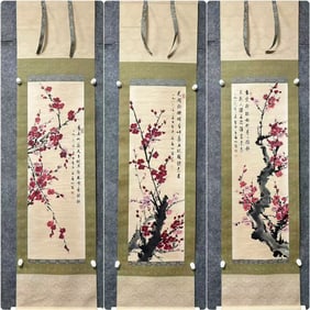 A Set of Chinese Vertical Scroll Ink Painting of Plum Blossom on Paper