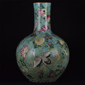 A Rare Green Glazed Famille-Rose Flower and Crane Pattern Vase