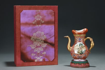 An Exquisite Painted Enamel on Copper Landscape Pattern Ewer