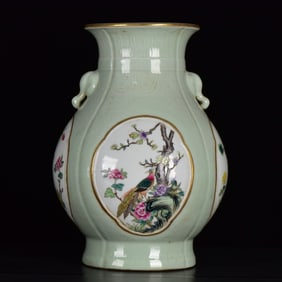 A Rare Celadon Glazed Famille-Rose Painted Gold Flower and Bird Pattern Elephant-Ears Vase