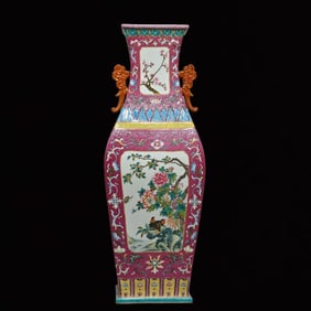 A Huge Ruby Red Glazed Flower and Bird Pattern Double-Ears Vase,with Poem