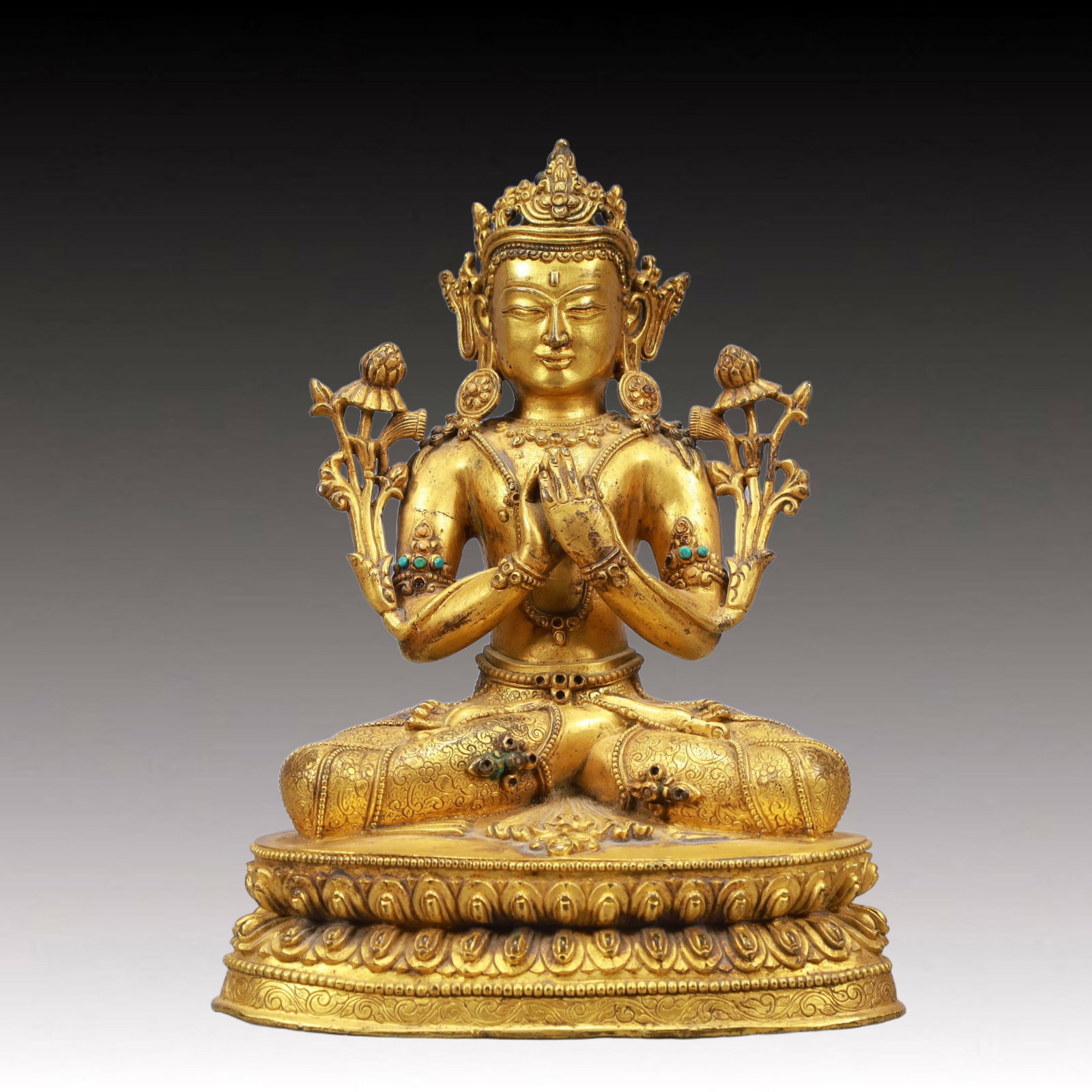 A Solemn Gilt Bronze Inlaid Gems White Statue of Tara: A Solemn Gilt Bronze Inlaid Gems White Statue of Tara,Ming Dynasty, China,Size:7.3inx0.6inx9.6in Weight:2750g 