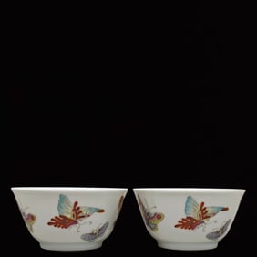 A Pair of Exquisite Famille-Rose Butterfly Pattern Cups