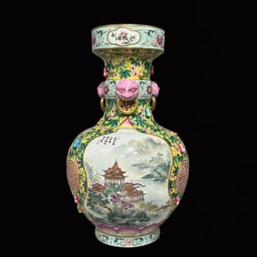 A Huge Enamel Landscape Pattern Beast-Ears Vase,with Poem