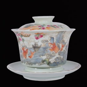 An Exquisite Enamel Seawater and Fish Pattern with Cover Bowl, With Base
