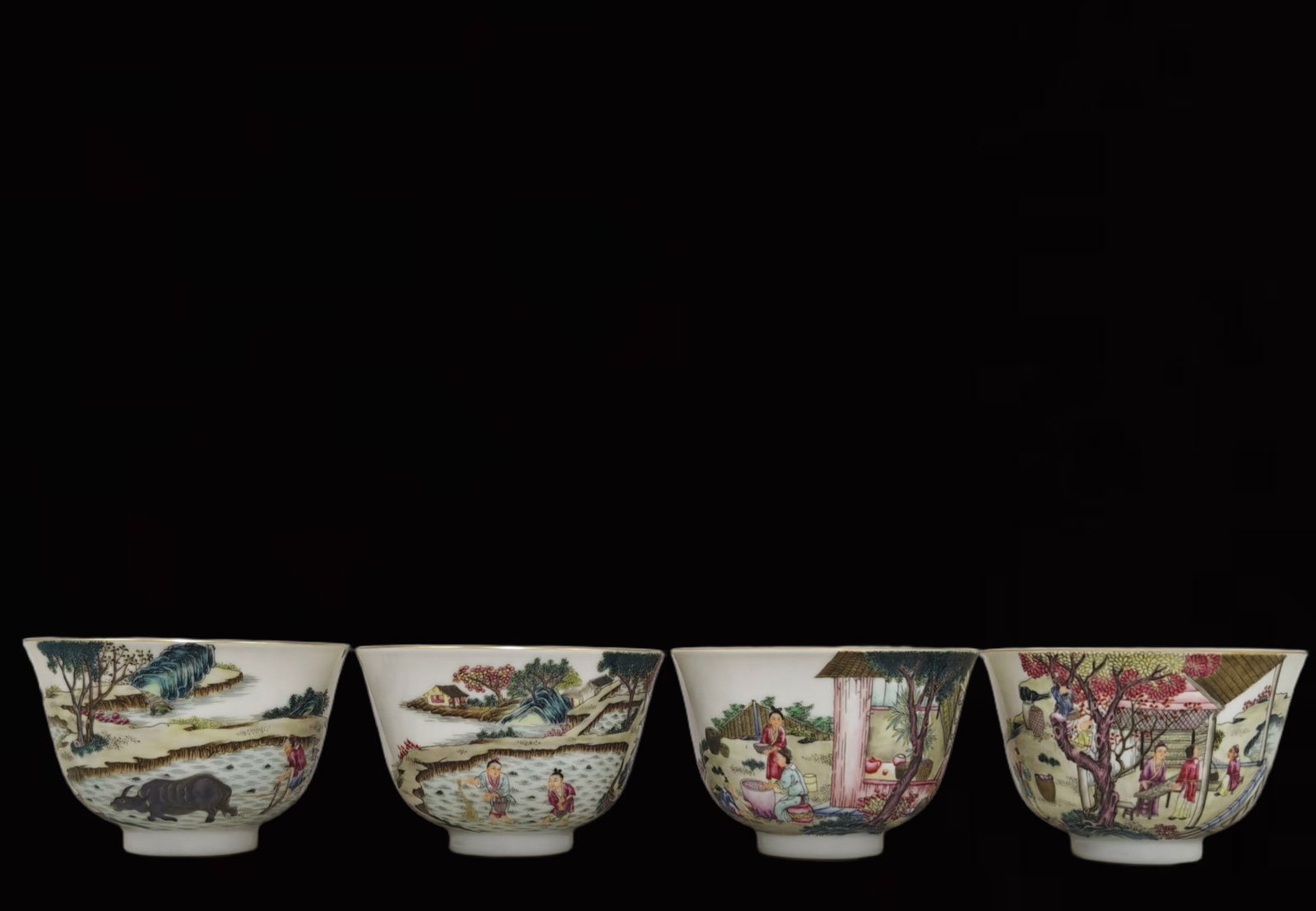 A Set of Fine Famille-Rose Figure and Story Pattern Cups,with Poem: A Set of Fine Famille-Rose Figure and Story Pattern Cups,with Poem,Qing Dynasty,China,Yongzheng Six-Character Mark,Size:2.4inx3.7in 